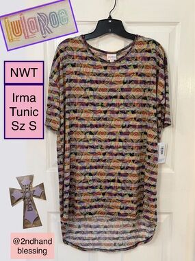NWT LuLaRoe Irma Hi Low Tunic Top, Women S, Multicolor Striped Geometric Print
